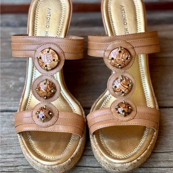 Antonio Melani Jisele Brown Leather Comfort Cork Wedge Heels Slides 9.5M - Picture 2 of 9